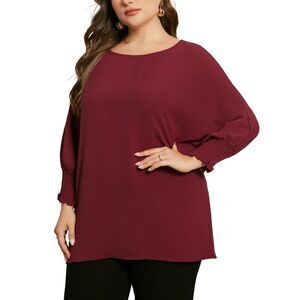 Plus Size Chiffon Tops Batwing Ruffle Elbow Sleeve Loose Shirts Burgundy
